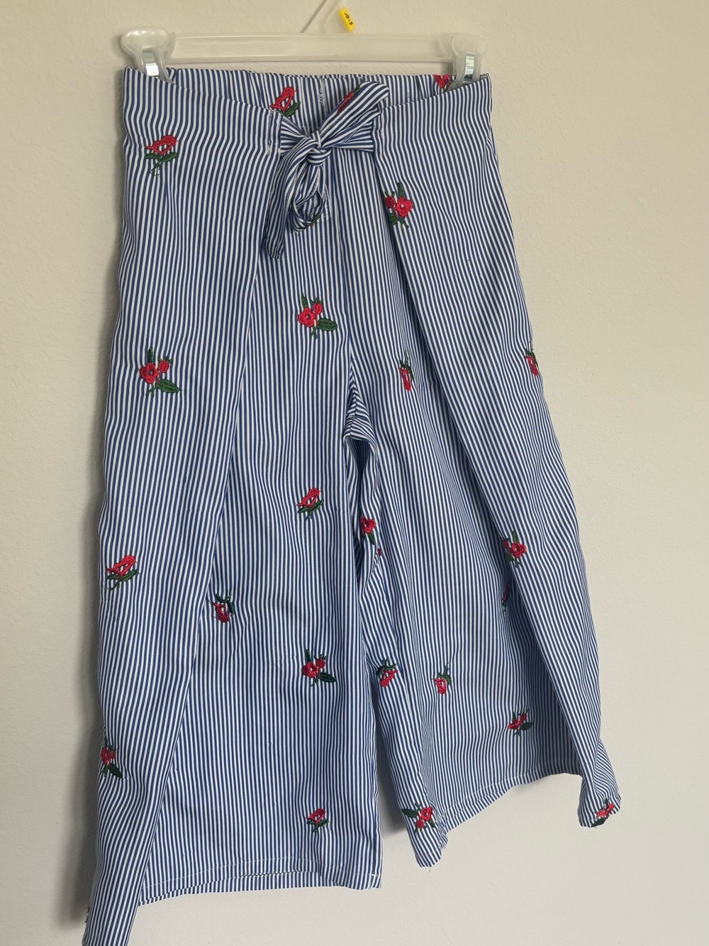 Soprano Blue & White Striped Pants with Red Floral Detail